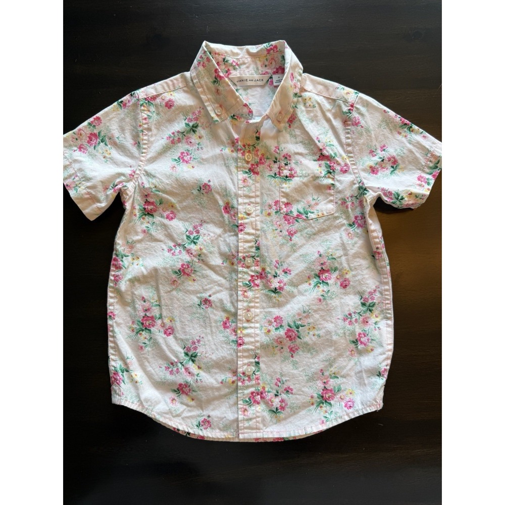 Janie and Jack Floral Petal Poplin Shirt Boys Size 5 Button Down 100% Cotton Euc